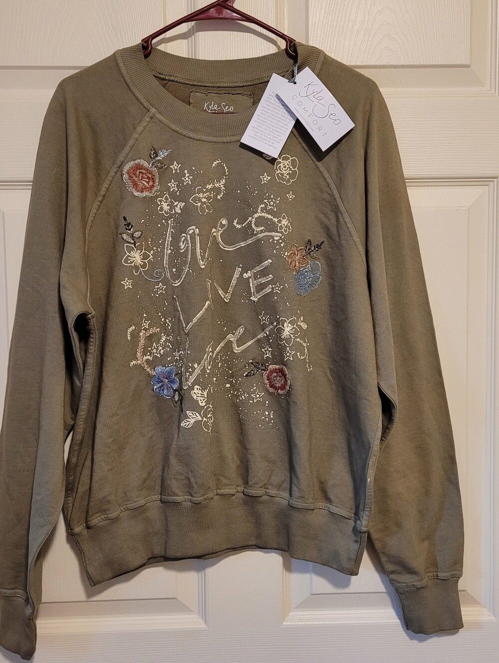 Kyla Seo Comfort Sweatshirt Floral Embroidered Small Olive Green Long Sleeve